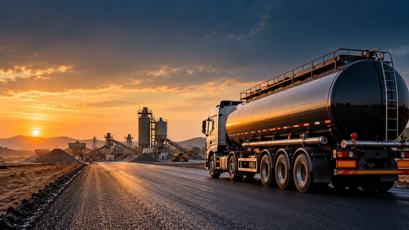 Bitumen tanker transporting material near an asphalt plant